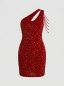 Red glitter one-shoulder mini dress with beaded fringe, front view on a white background.