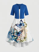White V-neck maxi dress with blue bolero, butterfly and floral print, front view.