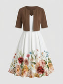 White V-neck maxi dress with floral skirt print and brown bolero, front view.