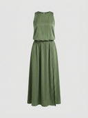 Olive green sleeveless maxi dress with elastic waist and side slit, front view.