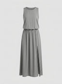 Gray sleeveless maxi dress with elastic waist and side slit, front view on white background.