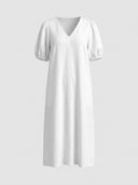 White midi dress with V-neck and puff sleeves, front view on a light gray background.