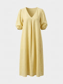 Pale yellow midi dress with V-neck, puff sleeves, and front pleats, front view on white background.