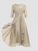 Taupe midi dress with embroidered lace bodice, 3/4 sleeves, and flowing skirt, front view.