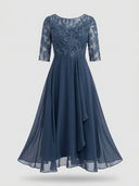 Slate blue midi dress with embroidered bodice and sheer 3/4 sleeves, front view on white background.
