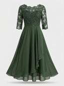 Dark green midi dress with lace bodice and sheer 3/4 sleeves, front view on white background.