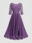 Purple midi dress with embroidered bodice, sheer 3/4 sleeves, and layered skirt, front view.