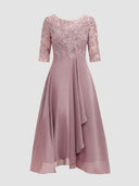 Mauve midi dress with embroidered bodice, sheer 3/4 sleeves, and flowing skirt, front view.