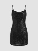 Black sequin mini dress with spaghetti straps and cowl neck, front view.