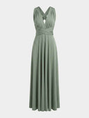 Sage green maxi dress with criss-cross bodice and wide straps, front view.