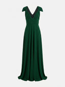 Emerald green maxi dress with deep V-neck and ruched cap sleeves, front view on white background.