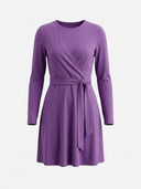 Purple long-sleeve mini wrap dress with a tied waist, front view on a white background.