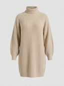 Beige chunky knit turtleneck midi dress with raglan sleeves, front view.