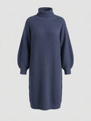 Navy blue ribbed knit midi dress with turtleneck and balloon sleeves, front view.
