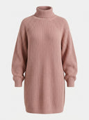 Pink chunky knit midi dress with turtleneck and balloon sleeves, front view.