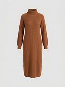 Brown ribbed turtleneck midi dress with long sleeves, front view on a white background.