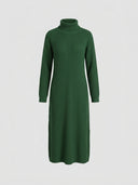 Dark green ribbed turtleneck midi dress with long sleeves, front view on a white background.