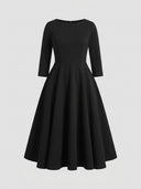 Black A-line midi dress with 3/4 sleeves and boat neck, front view on a white background.