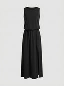 Black sleeveless maxi dress with elastic waist and side slit, front view on white background.