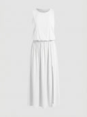 White sleeveless maxi dress with elastic waist and side slit, front view.