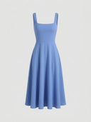 Blue square-neck A-line mini dress with wide straps, front view on a white background.