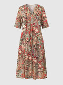 Red floral midi dress with short sleeves and V-neck, front view on a white background.
