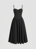 Black sleeveless corset midi dress with spaghetti straps, front view on a white background.