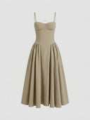 Taupe sleeveless corset midi dress with full pleated skirt, front view on white background.