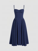 Navy blue sleeveless corset midi dress with gathered skirt, front view on gray background.