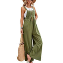 Olive green flared jumpsuit with button straps, front view on white background.