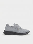 Supportive women's grey knit lace-up trainer with dark grey cushioned sole, angled side view on white background.