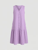 Lavender V-neck mini dress with full button placket and tiered skirt, front view on white background.