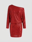 Red sequin mini dress with one-shoulder neckline and long sleeves, front view on a white background.