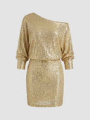 Gold sequin mini dress with one-shoulder neckline and blouson sleeves, front view on gray background.