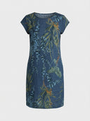 Blue mini dress with green and orange botanical print, crew neck, and cap sleeves, front view.