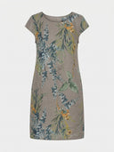 Taupe mini dress with green and yellow floral print, crew neck, and short sleeves, front view.