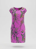 Magenta mini dress with green botanical print, crew neck, and cap sleeves, front view.
