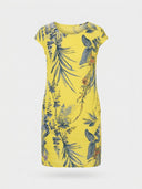 Yellow mini dress with blue and green botanical print, crew neck, front view.