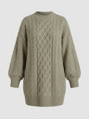 Sage green cable knit mini dress with balloon sleeves and ribbed cuffs, front view.