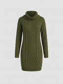 Olive green cable knit mini dress with a high neck and long sleeves, front view.