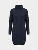 Navy blue cable knit mini dress with high neck and long sleeves, front view.
