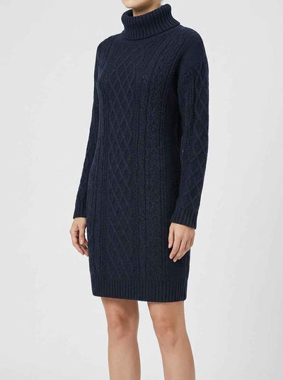 Navy cable knit mini dress with turtleneck, front angled view on white background.