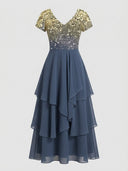 Blue maxi dress with gold glitter bodice, V-neck, short sleeves, and tiered skirt, front view.