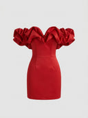 Red off-shoulder mini dress with ruffled neckline and fitted bodice, front view on white background.
