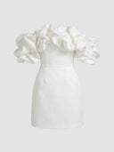 White off-shoulder mini dress with voluminous ruffles, front view on a light gray background.