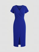 Royal blue V-neck midi dress with short sleeves and front slit, front view.