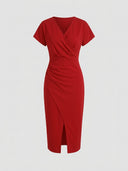Red V-neck midi dress with short sleeves and ruched side, front view on white background.