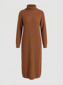 Brown ribbed knit maxi dress with turtleneck and long sleeves, front view.