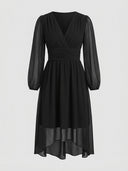 Black long sleeve V-neck mini dress with ruched waist, front view on a white background.