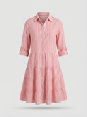 Red and white striped mini dress with collar, buttons, rolled sleeves, and tiered skirt, front view.